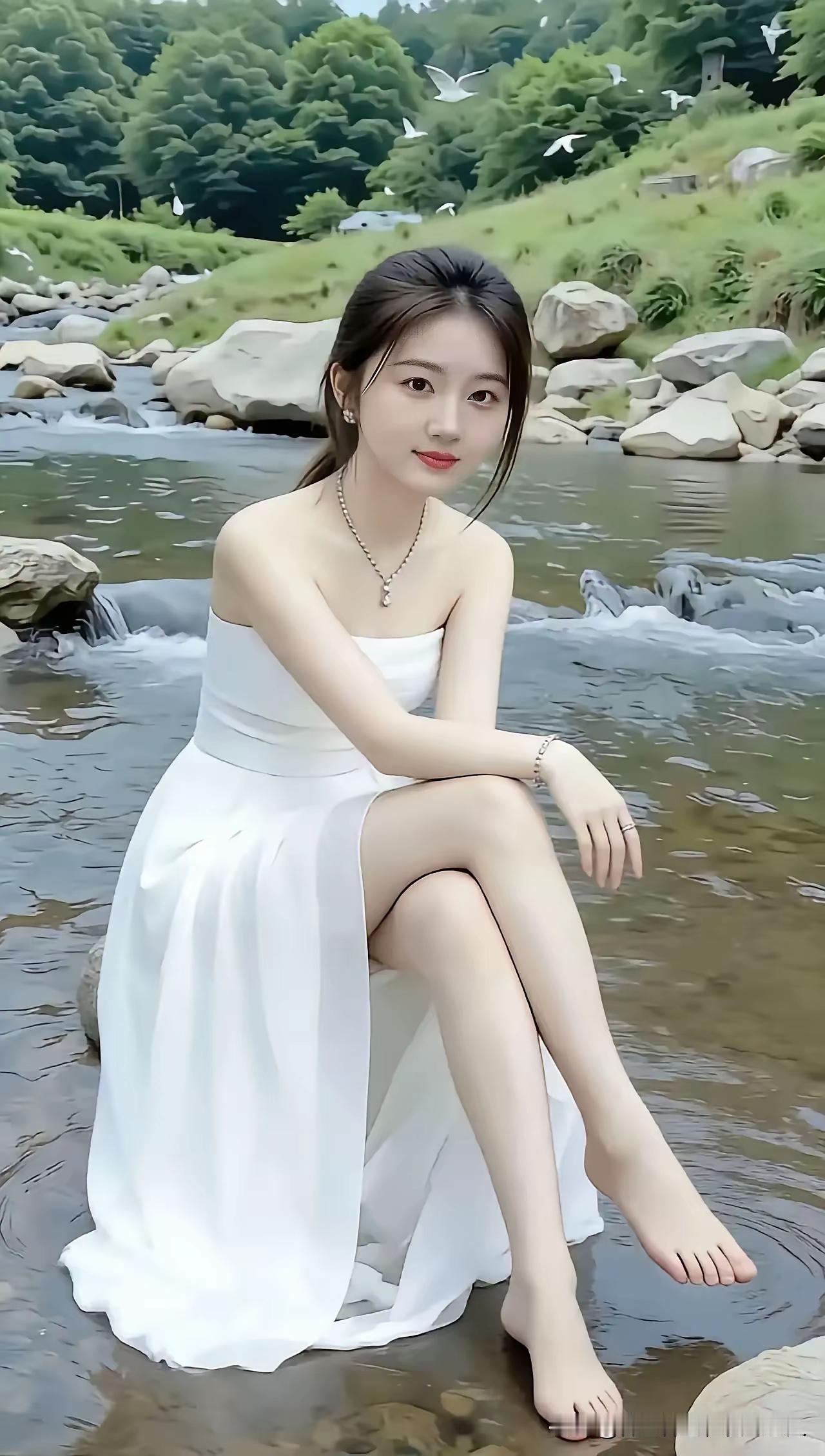 她坐在小溪边，穿着白色长裙。