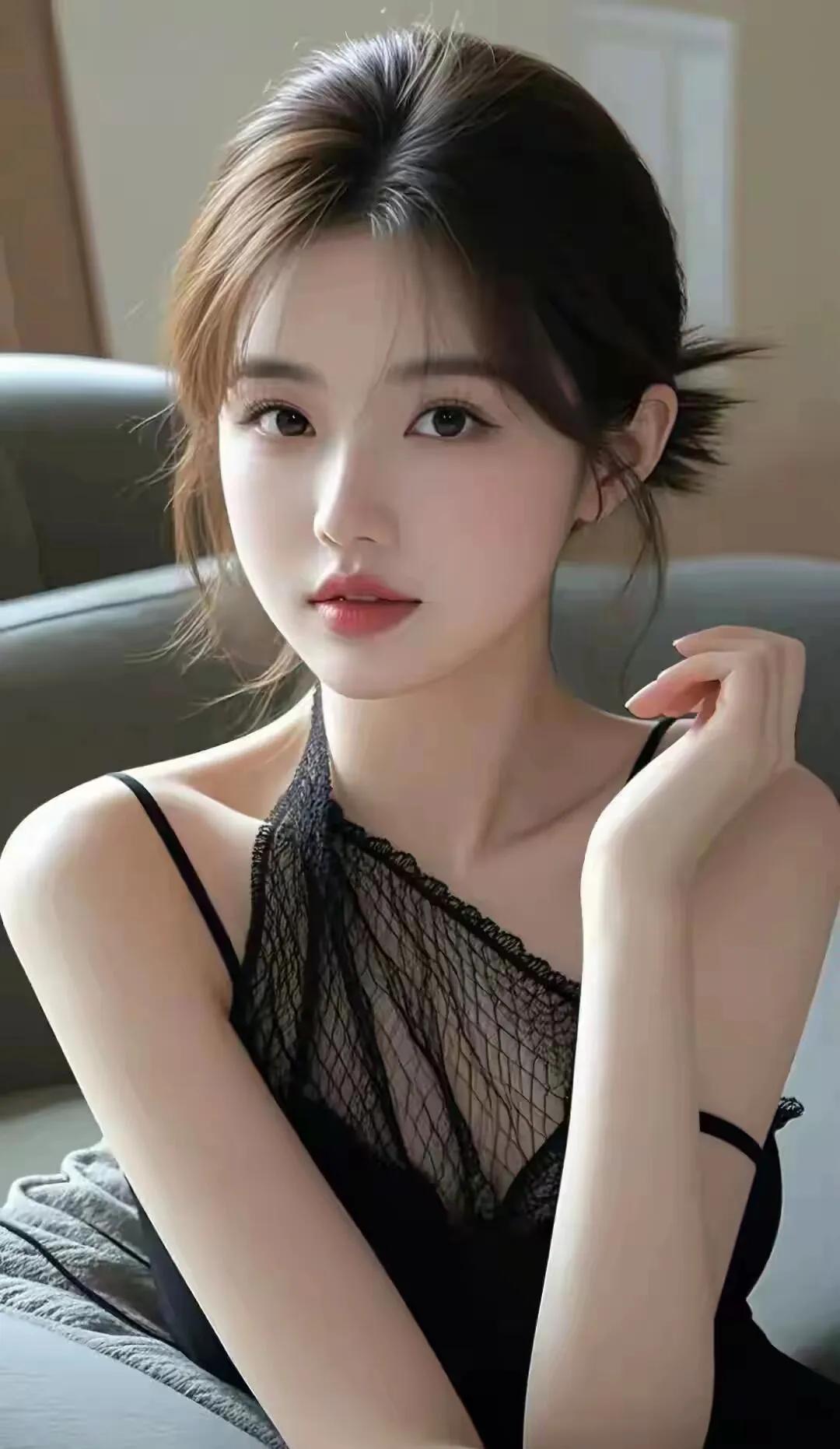 温柔甜美的少女，黑纱吊带裙，优雅迷人。街拍高清美女