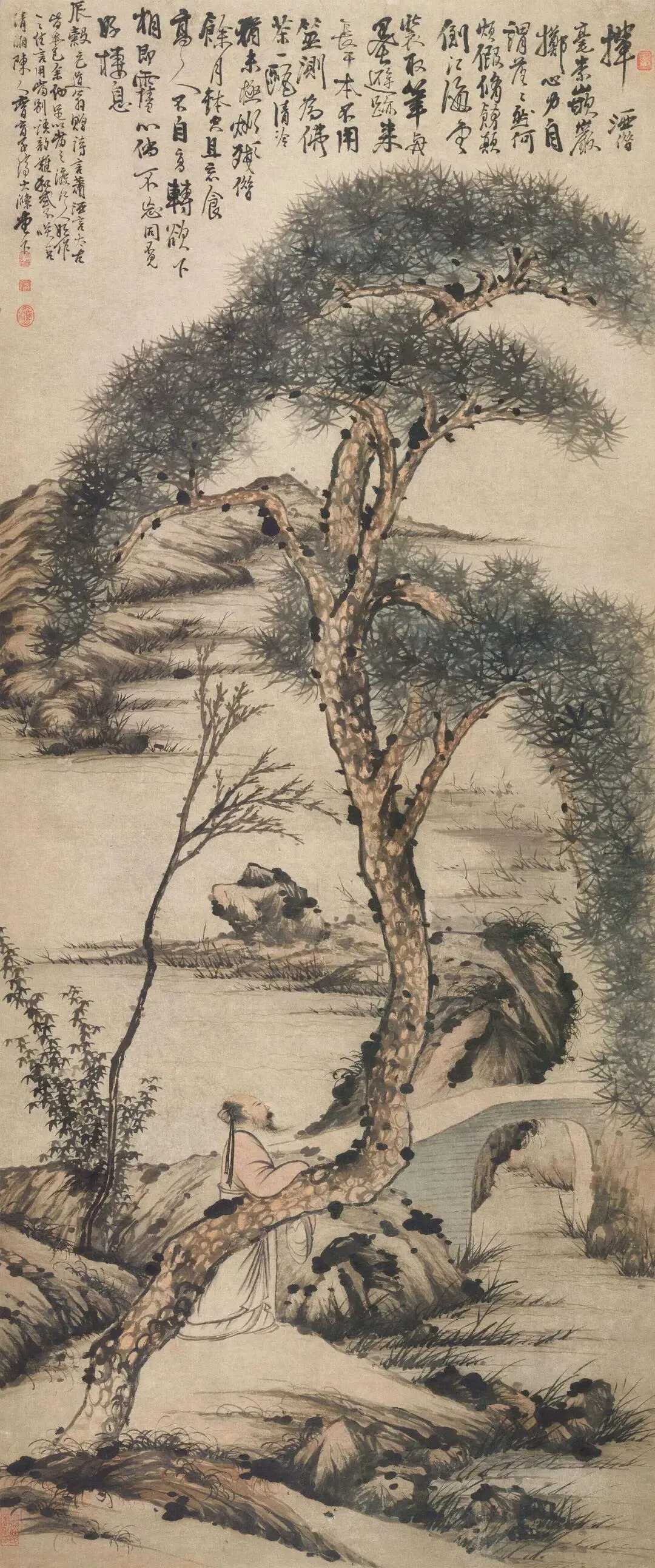 石涛《松下高士》。立轴 设色纸本254×104cm。图写乔松凌云，一高士伫立