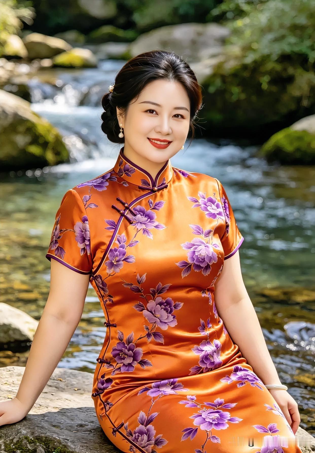 溪畔旗袍，橙底紫花，温婉如诗，与山水共清欢，尽显东方雅韵。