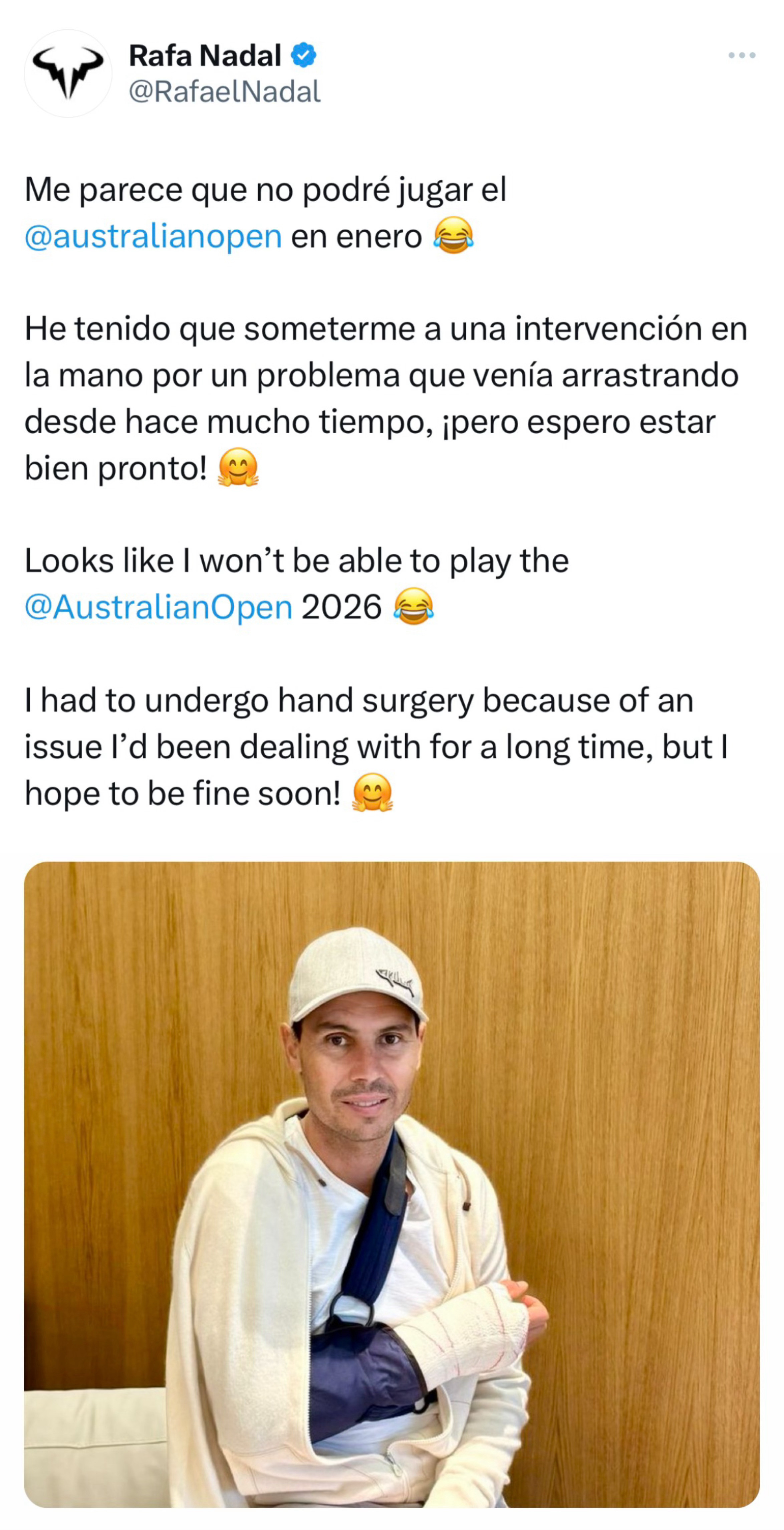 纳达尔在社媒发照片确认自己刚刚进行了右手的手术，他还调侃说“看样子自己打不了明年