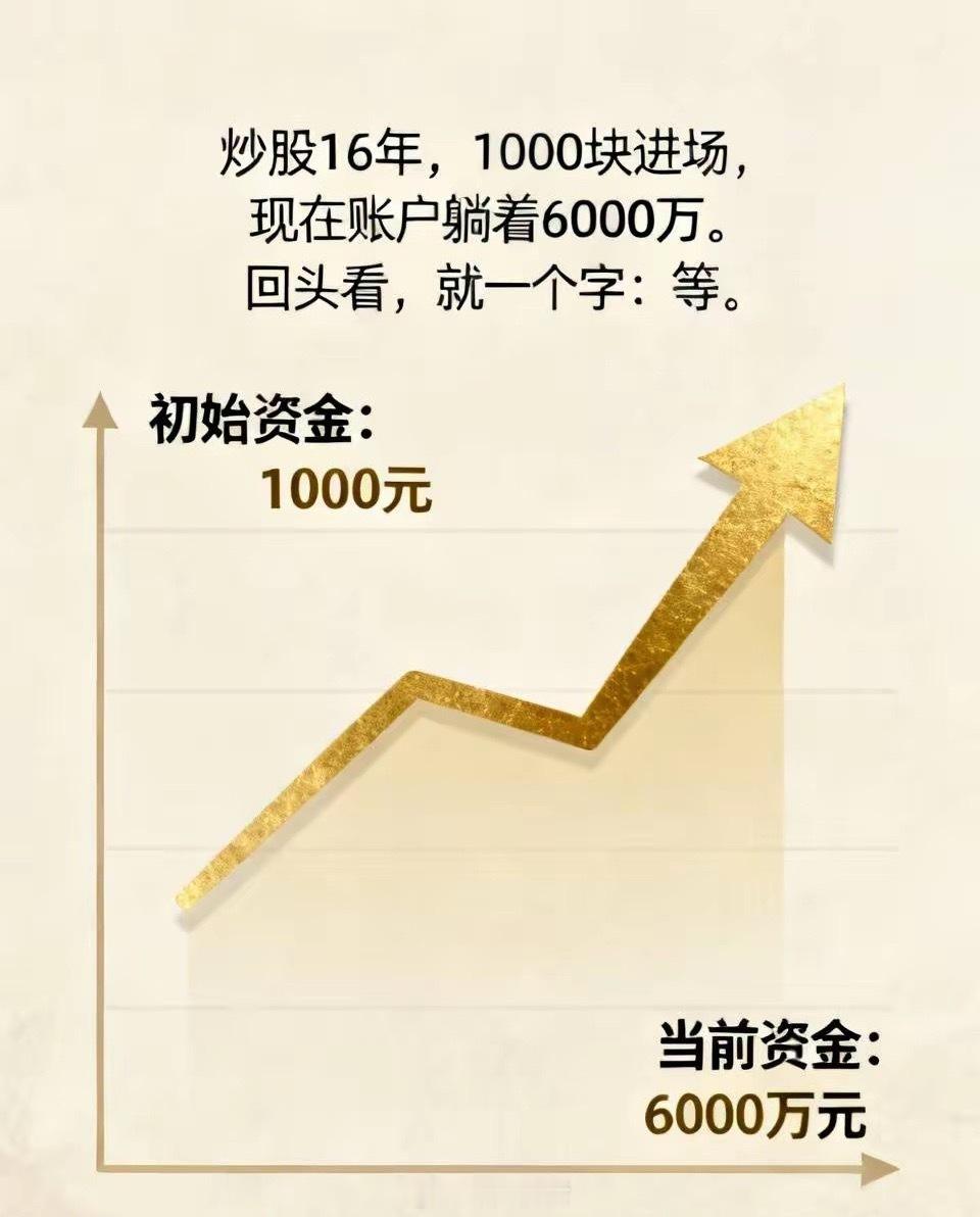 炒股16年，1000块进场，现在账户躺着6000万。回头看，就一个字：等。刚入市