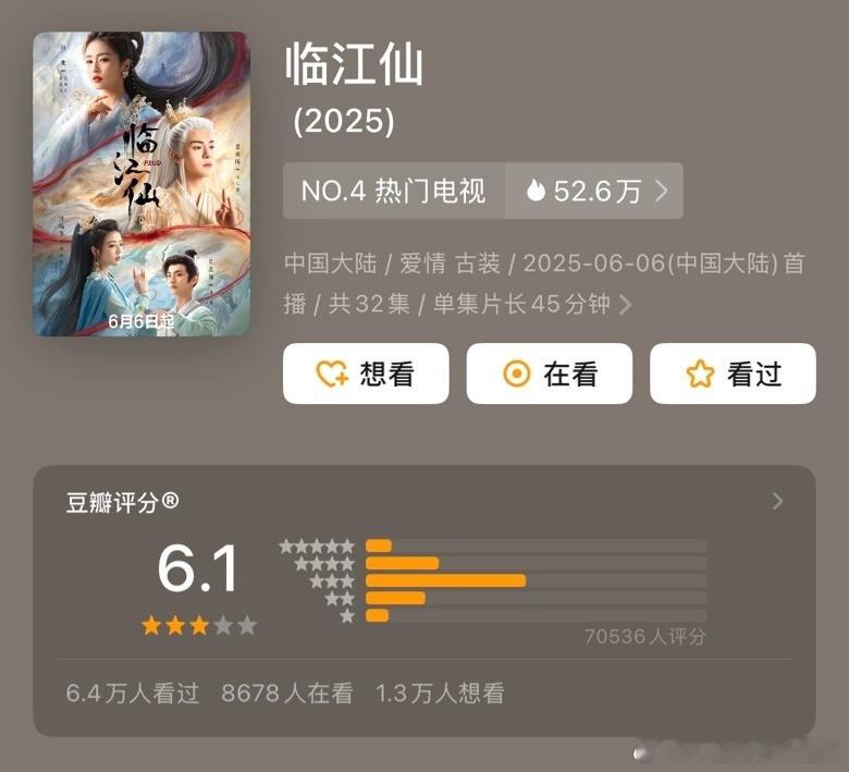 临江仙豆瓣开分6.1拖到全部播完话题热度下去才开分，短评翻了几页都是粉丝集体打