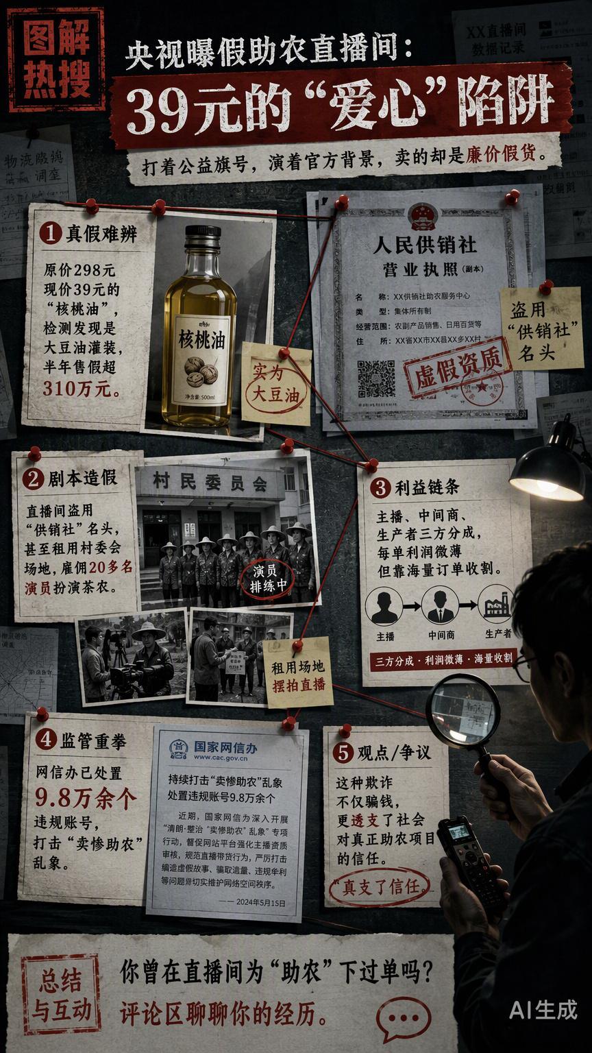 #央视曝假助农直播间#这些打着“公益助农”旗号的直播间，代码逻辑全是漏洞。央视这次曝光的“大豆油冒充