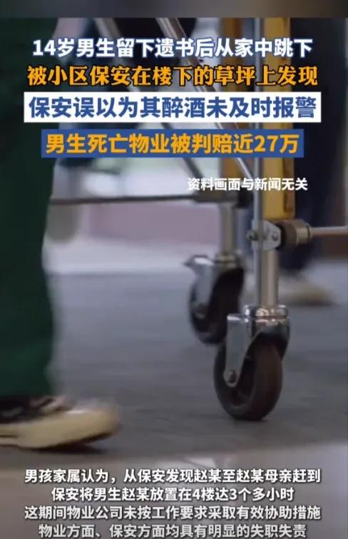 河南许昌14岁少年赵某因学业压力跳楼，坠楼后未当场死亡，小区保安巡逻时发现他却误