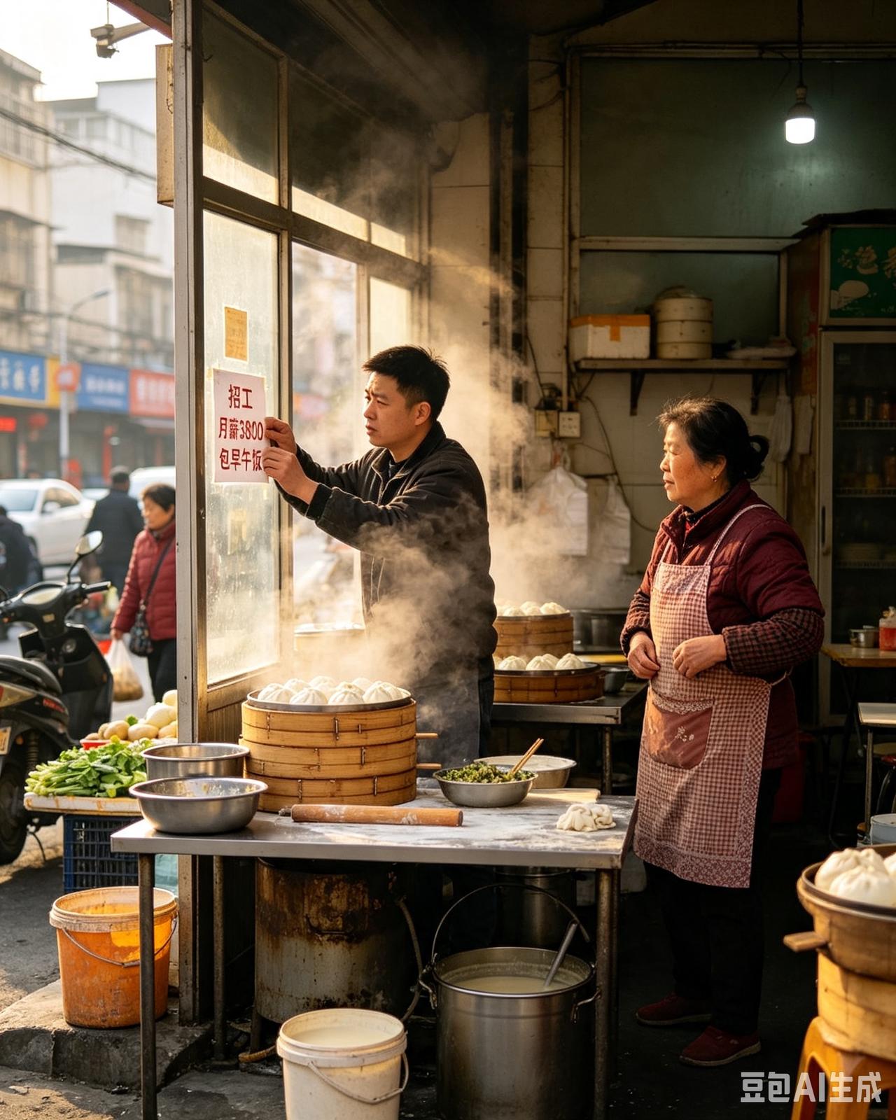 包子铺大姐嫌工资低辞职，老板爽快结账，隔天老板贴招工启事，3800招员工，一连三