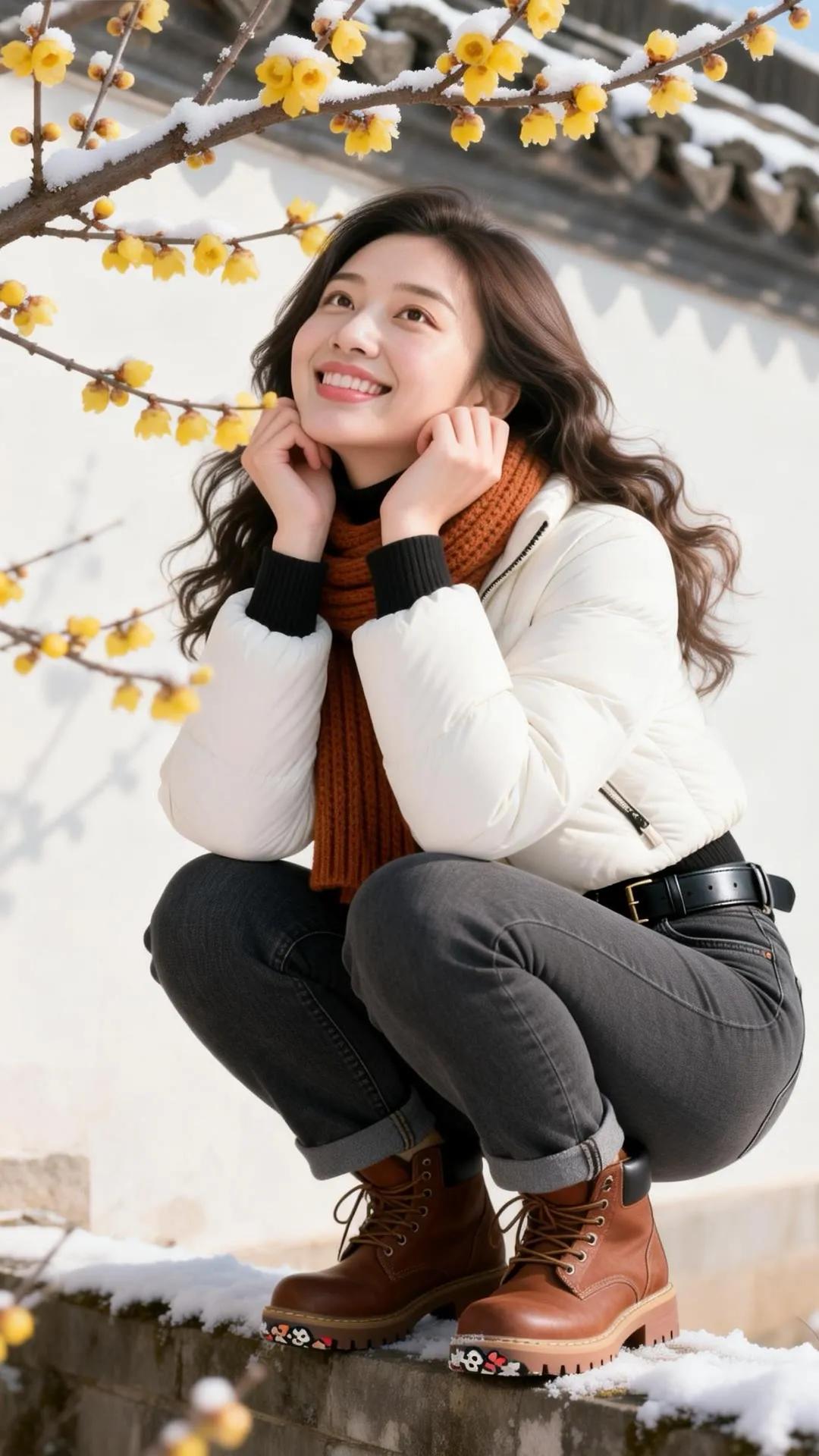 冬日暖阳下，微笑的少女与盛开的梅花相映成趣。