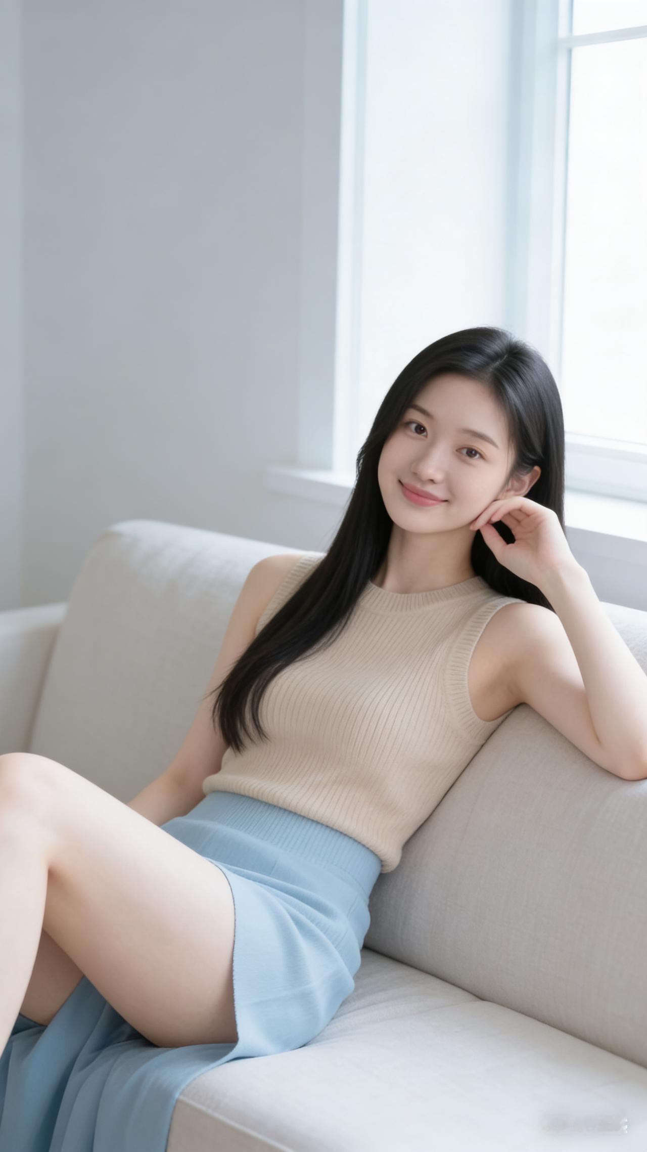 一位气质温柔的东亚年轻女性，黑色长直发自然垂落，面带温婉浅笑，妆容清新干净。身穿