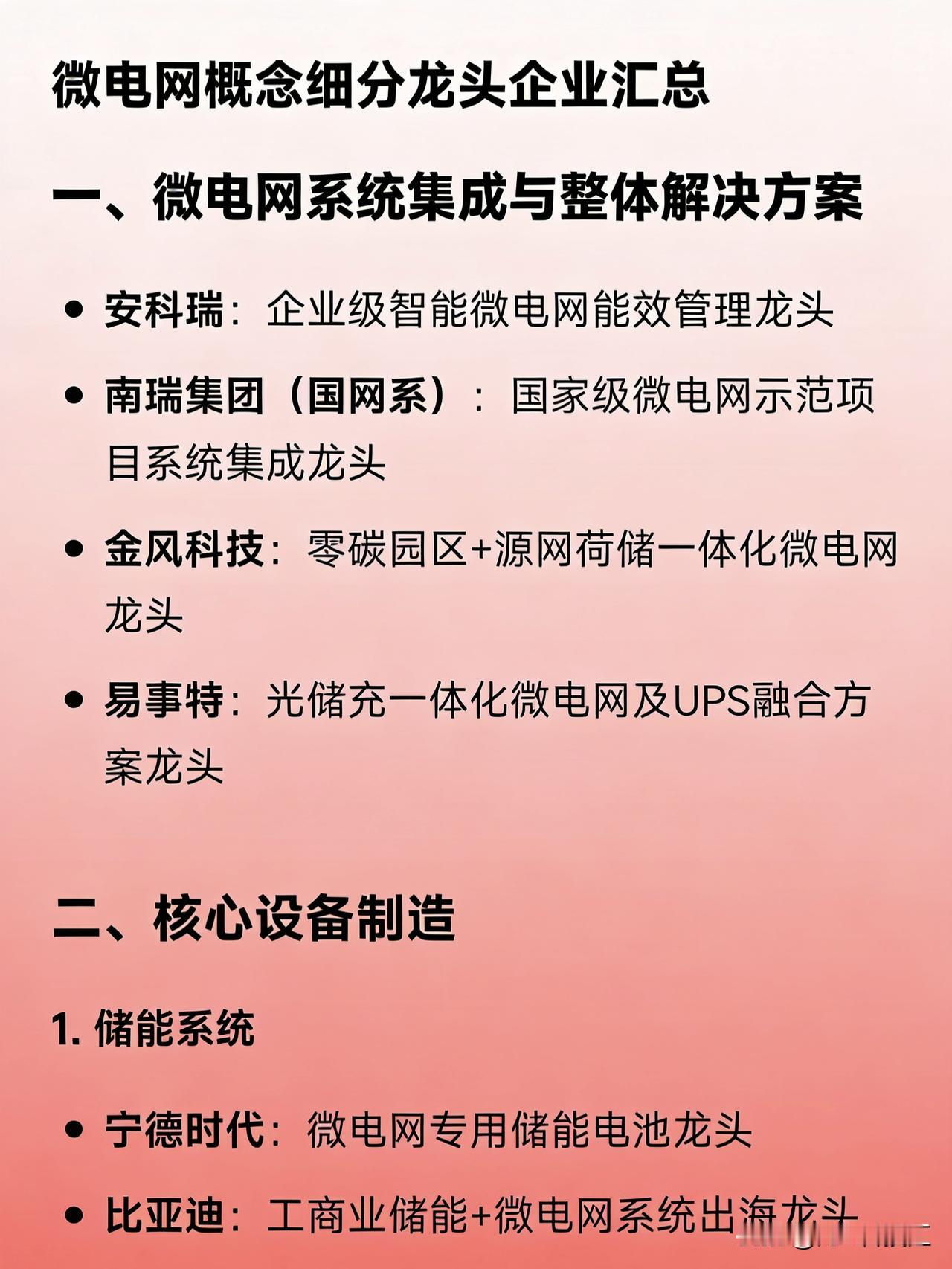 微电网概念细分龙头企业汇总一、微电网系统集成与整体解决方案安科瑞：企业级