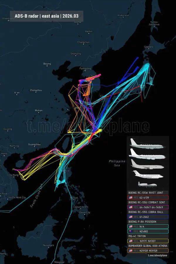 三月份美澳电子侦察机在我国沿海活动汇总图澳大利亚、日、韩做狗是真忠诚啊，看这图
