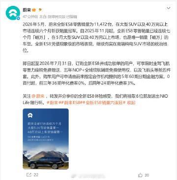 【蔚来全新ES8 5月零售销量11472台：已连续七个月销量破万】蔚来...