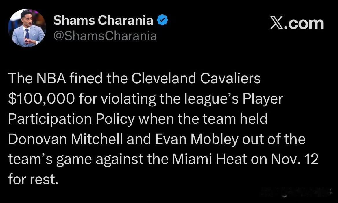 重罚！！！骑士轮休米切尔和莫布里被NBA罚款10万美元！根据记者Shams最