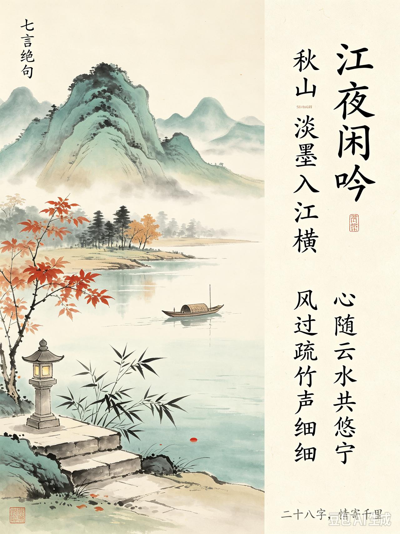 一幅山水画配诗句，宁静悠然。已生成七言绝句诗意卡片。江夜闲吟秋山淡墨