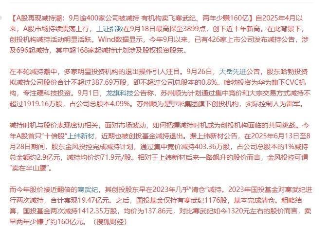 股再现减持潮：今年9月以来，已有426家上市公司发布减持公告，涉及696起减持！