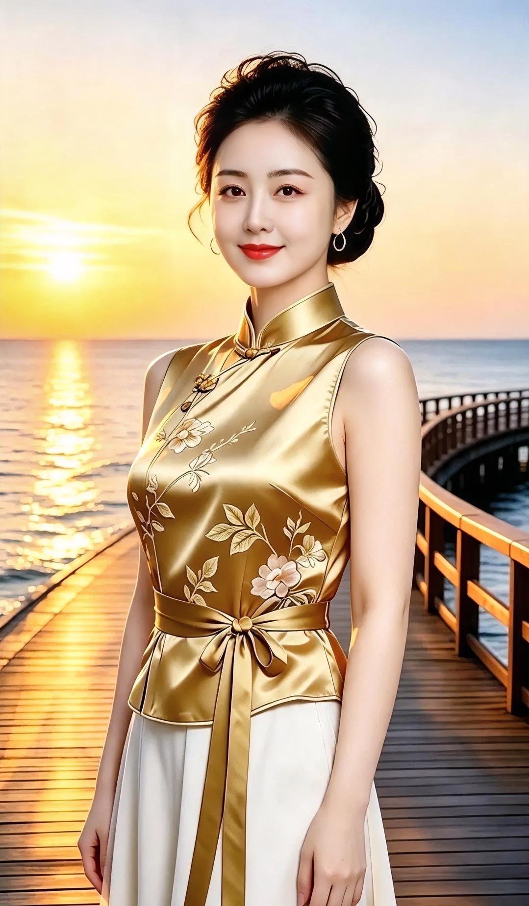《落日为你镀了层金？》金衣绣花立栈桥，落日熔金浪轻摇。腰间丝带系温柔