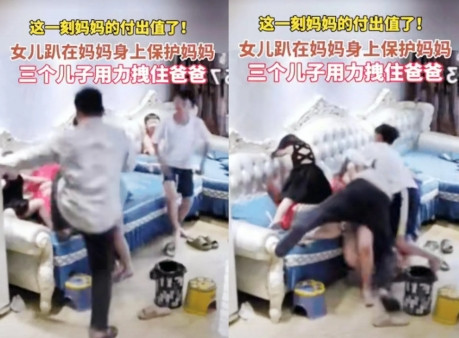 河北，丈夫当着4个孩子面打妻子，妻子拼命反抗，却还是被扑倒，可就在这时，