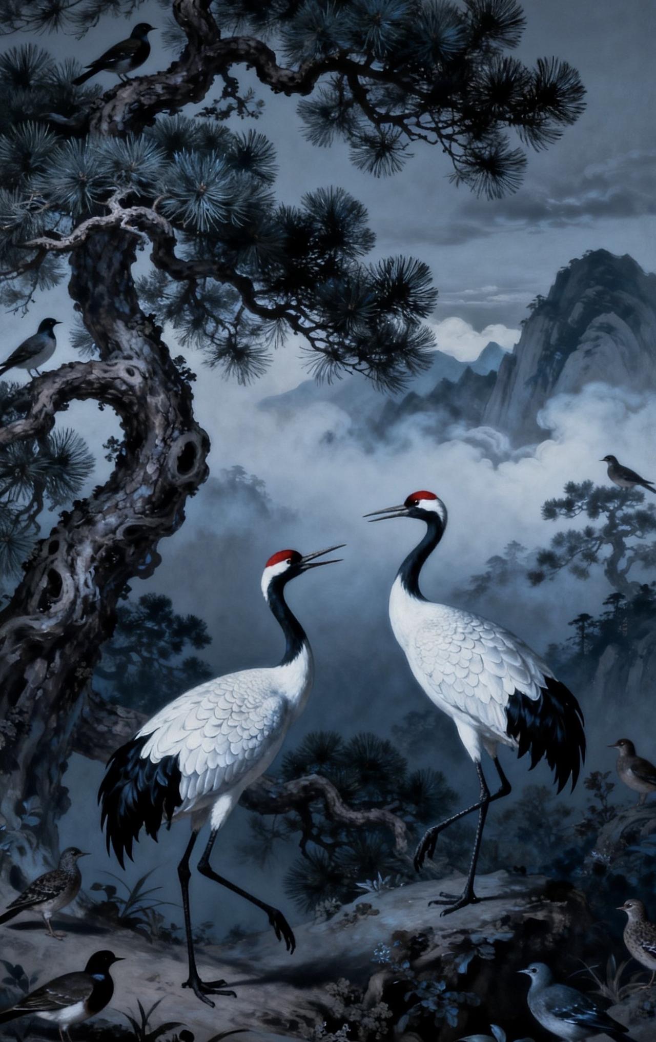 精美壁纸（793）🌈📝山间古松苍劲虬曲，枝干繁茂。两只丹顶鹤立于林间，一只
