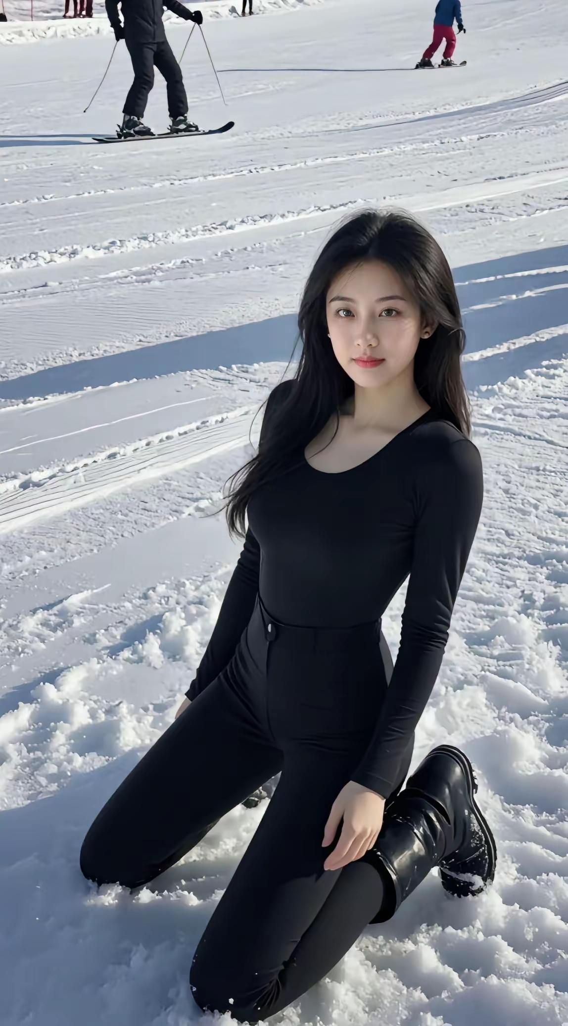 冬日滑雪场，黑衣少女坐雪地，背景滑雪者滑行