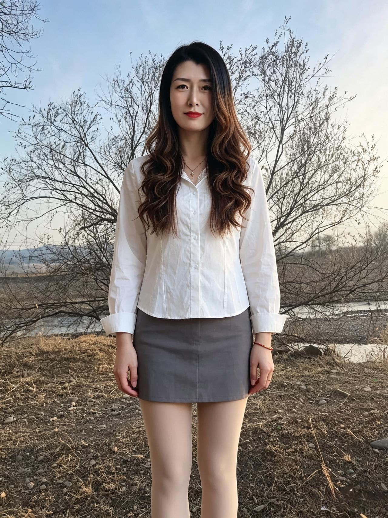 野岸天光净，伊人立浅川。一身风月色，静婉贬尘凡。