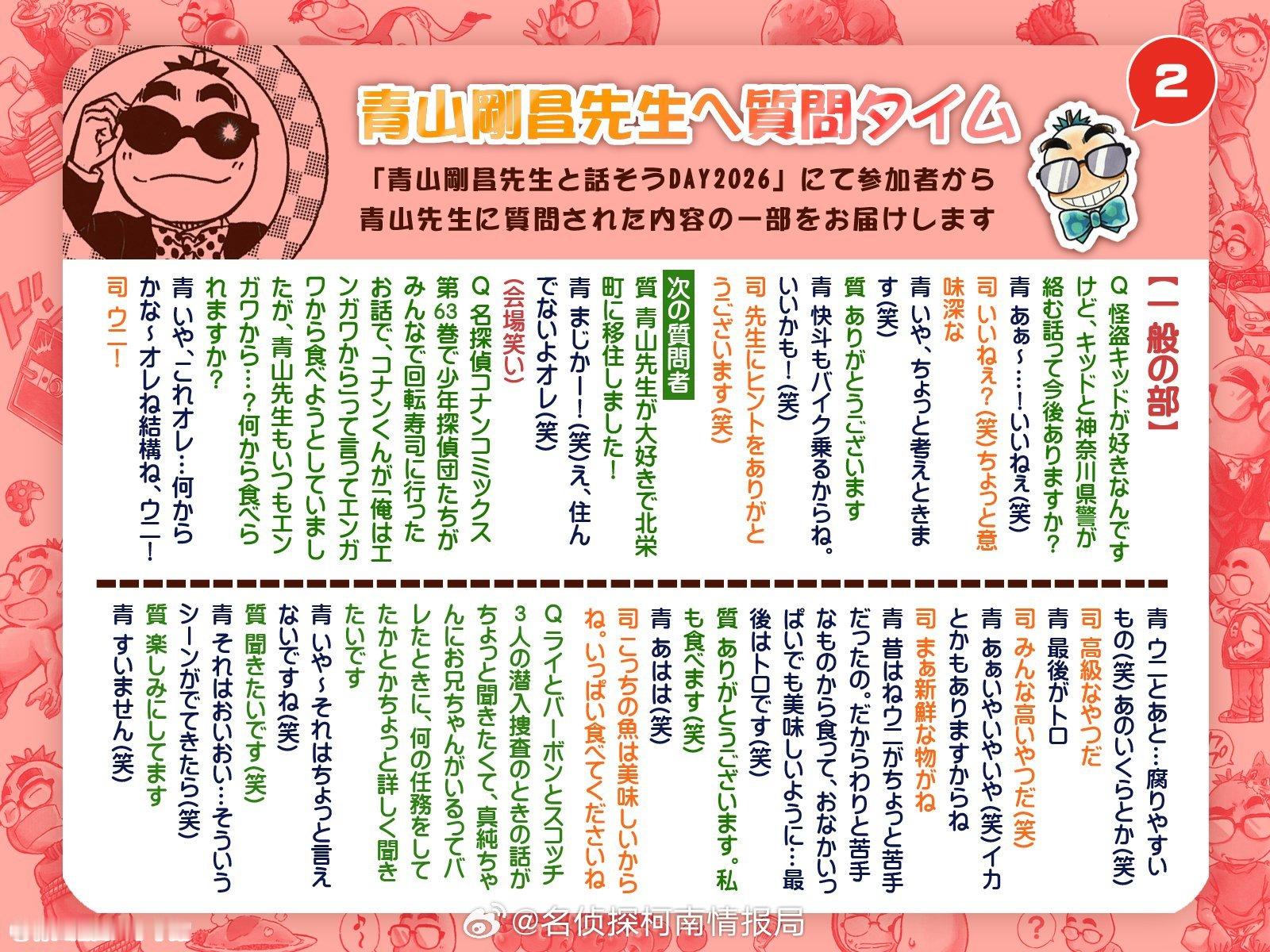 青山刚昌先生と話そうDAY2026②【一般部分】Q1：我很喜欢怪盗基德，请问今