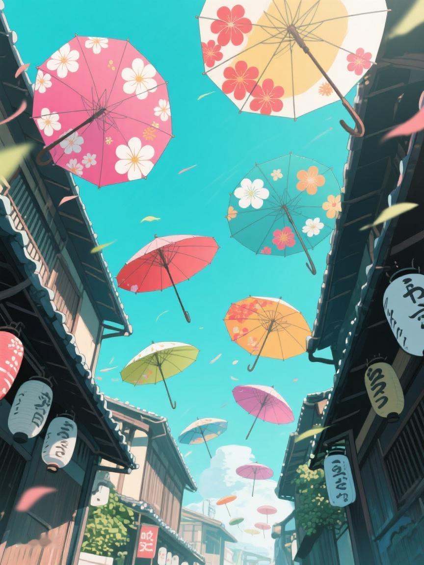 AI妙生图彩色花伞在巷空漫舞，仿若时光织梦，每朵花都藏着不为人知的秘密✨