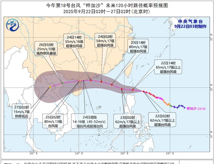 台风“桦加沙”的强度上调至65米/秒，巅峰强度与去年台风“摩羯”不相伯仲！据中央