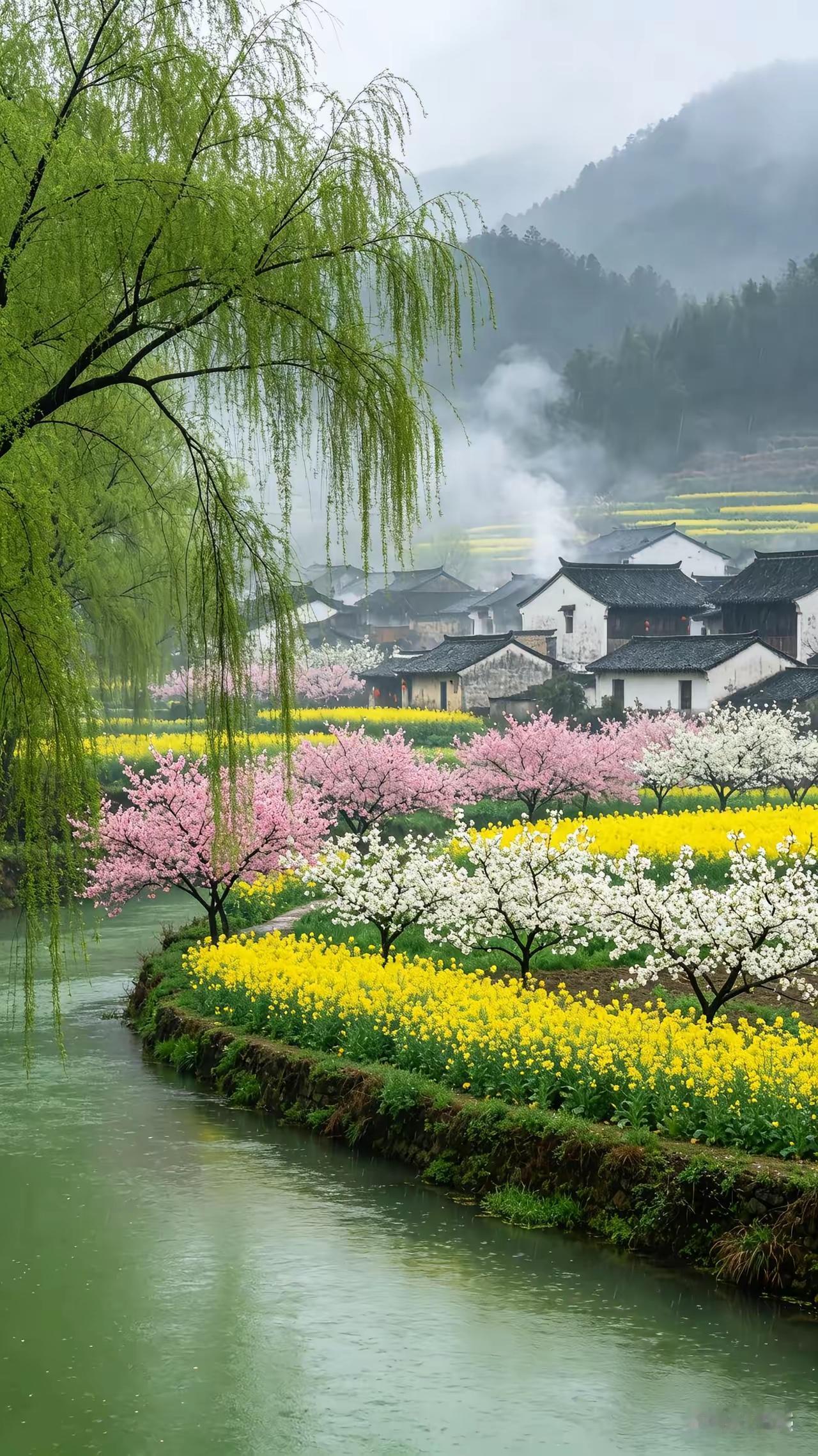 塞鸿秋.江南春景柳丝袅娜拖烟霭，桃花烂漫如霞带。绕庭雾气生清泰，碧波蘸透