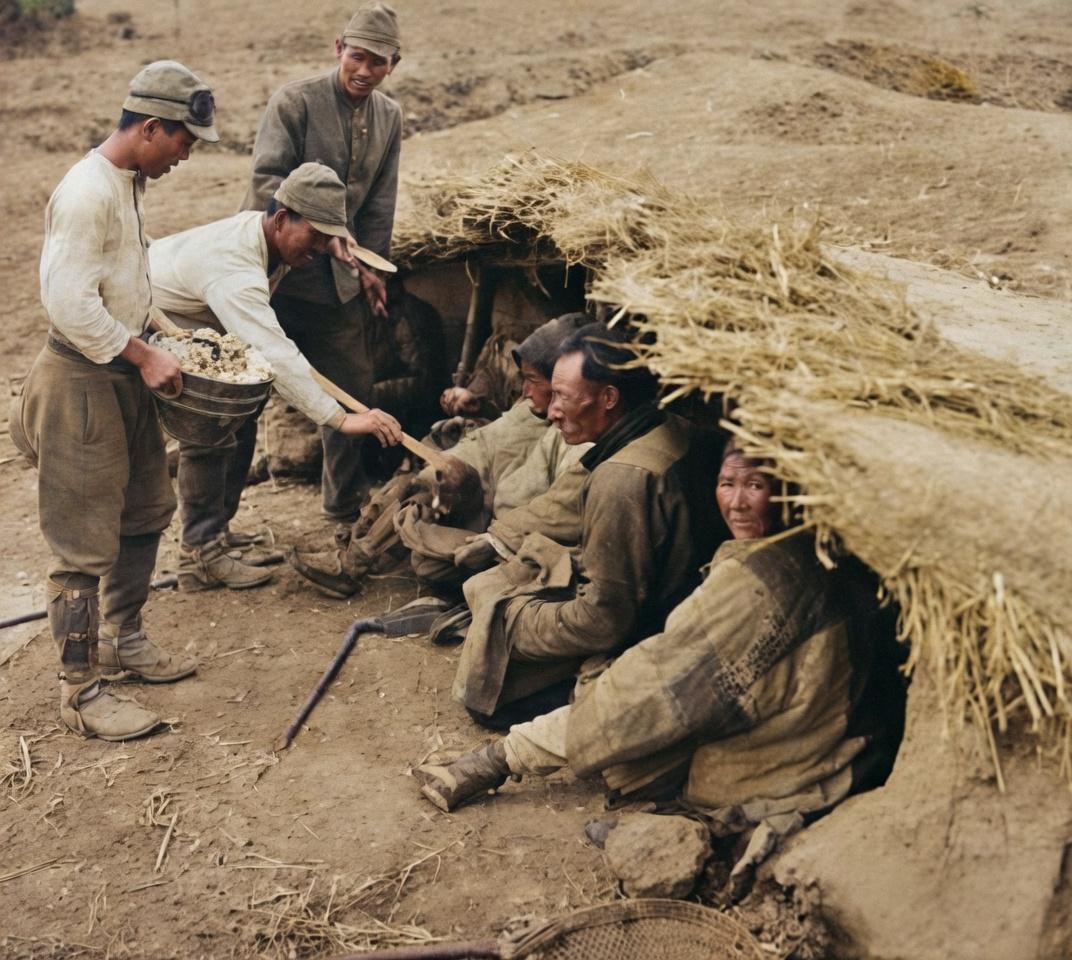 这张照片是侵华日军精心策划却最终废弃的虚假宣传照，几名日军，假装向坐在简陋草棚里