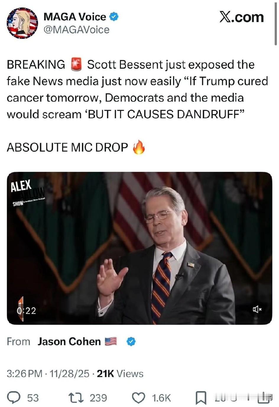 財長說：就算是川普明天攻克了癌症難題，假媒體依然會大叫：那會導致頭皮屑。[捂脸哭]