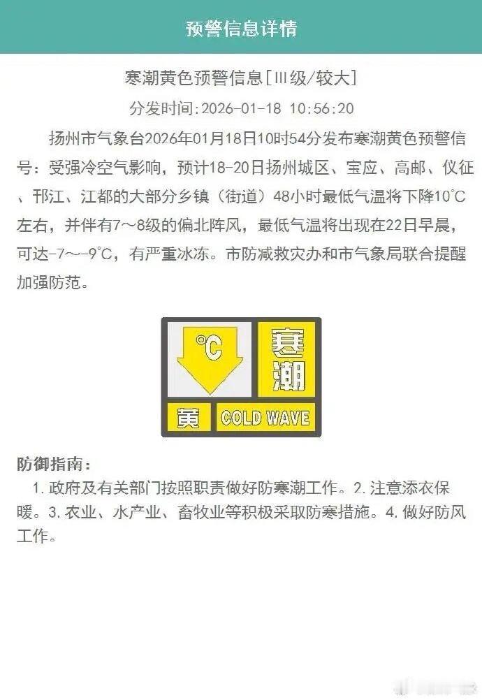 扬州身边事【发布寒潮黄色预警，最低-9℃！】扬州