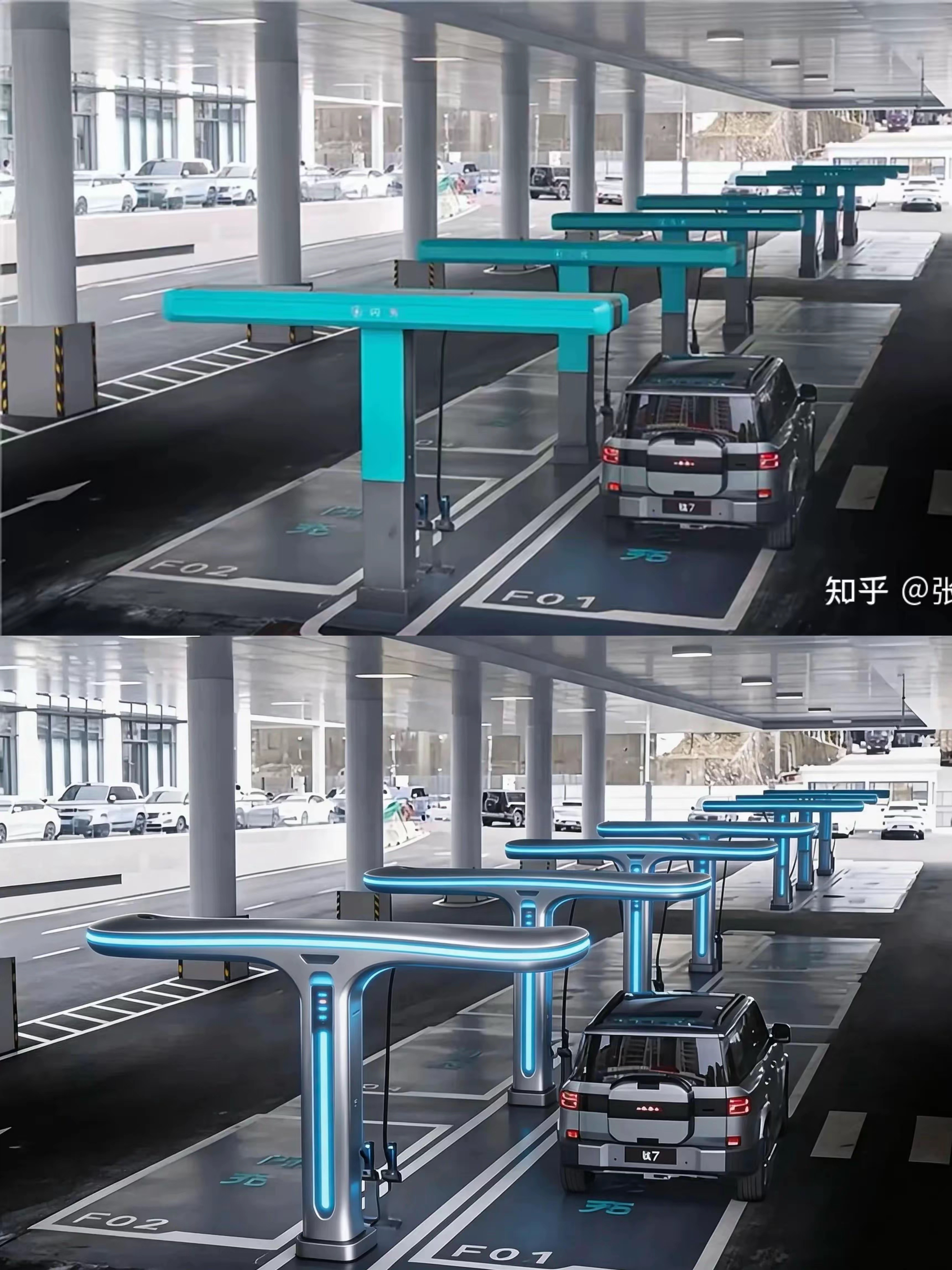 网友给出的比亚迪闪充站2.0设计渲染的确从设计方面好看很多，科幻感满满！