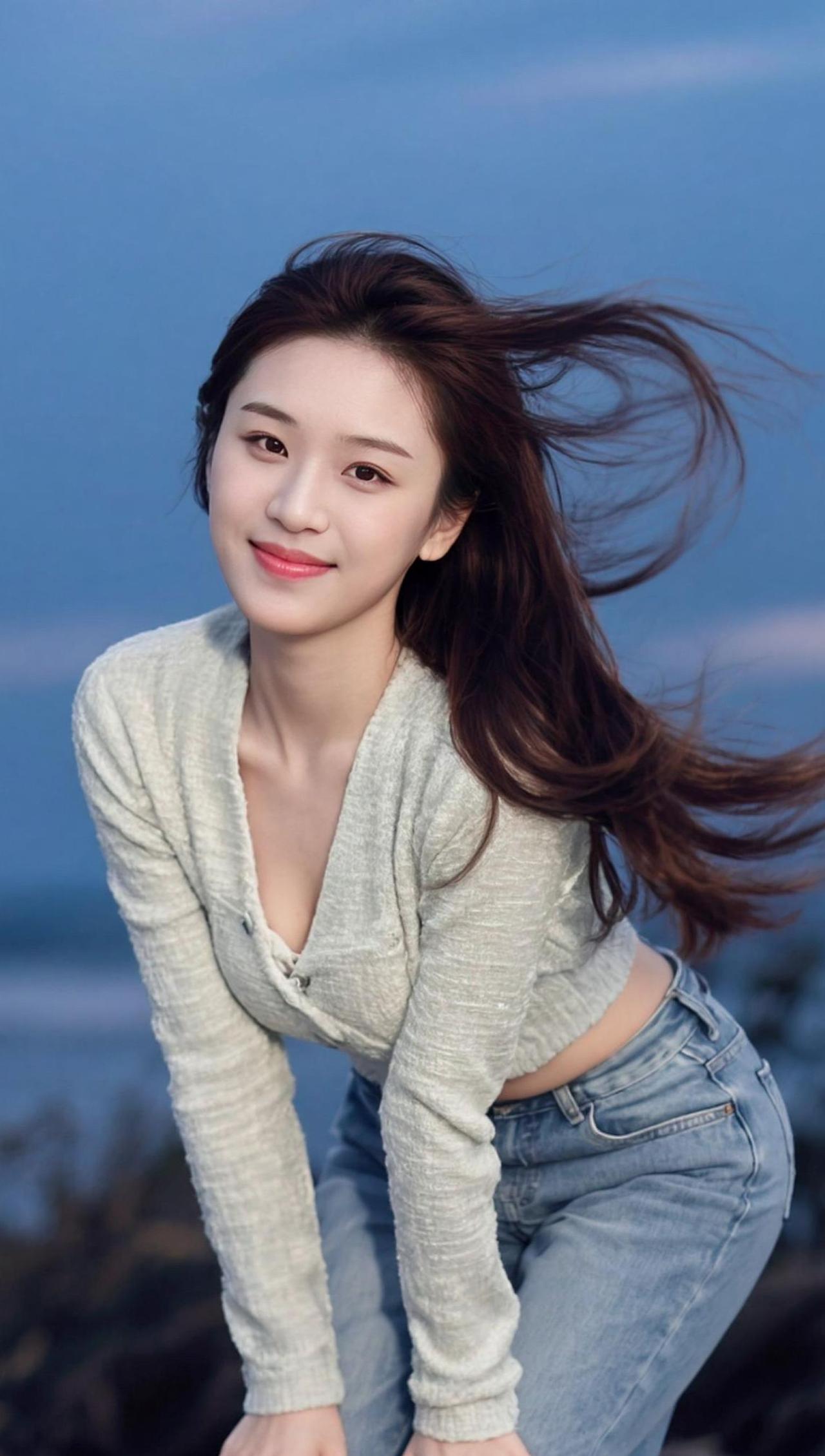 在温柔的阳光下，微风轻拂，发丝飞扬，仿佛时间也在此刻停驻。背景的虚化让整个画面如