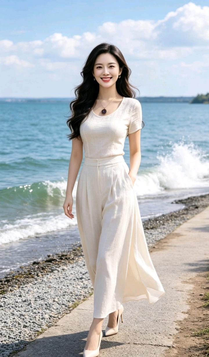 这位美女在海边的风景里散步。人品的好坏和学历有关系吗海边漫步照海边长裙照