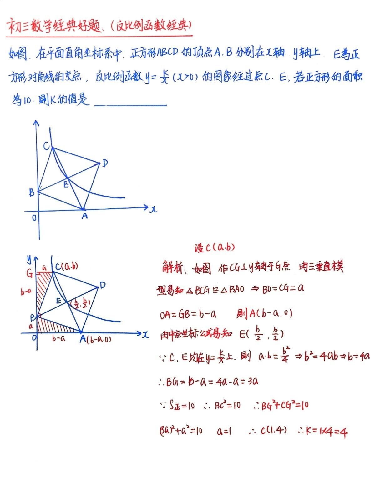初中数学经典好题分享（途虫数学纯手写版），反比例函数求k的值，这道题方法很多，分