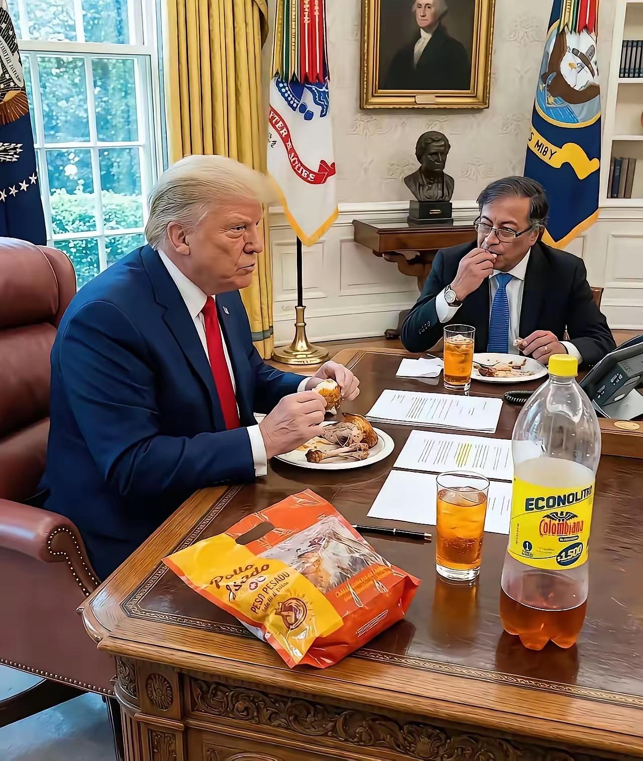 特朗普与哥伦比亚总统古斯塔沃·佩特罗在白宫椭圆形办公室吃快餐。白宫办公室吃哥
