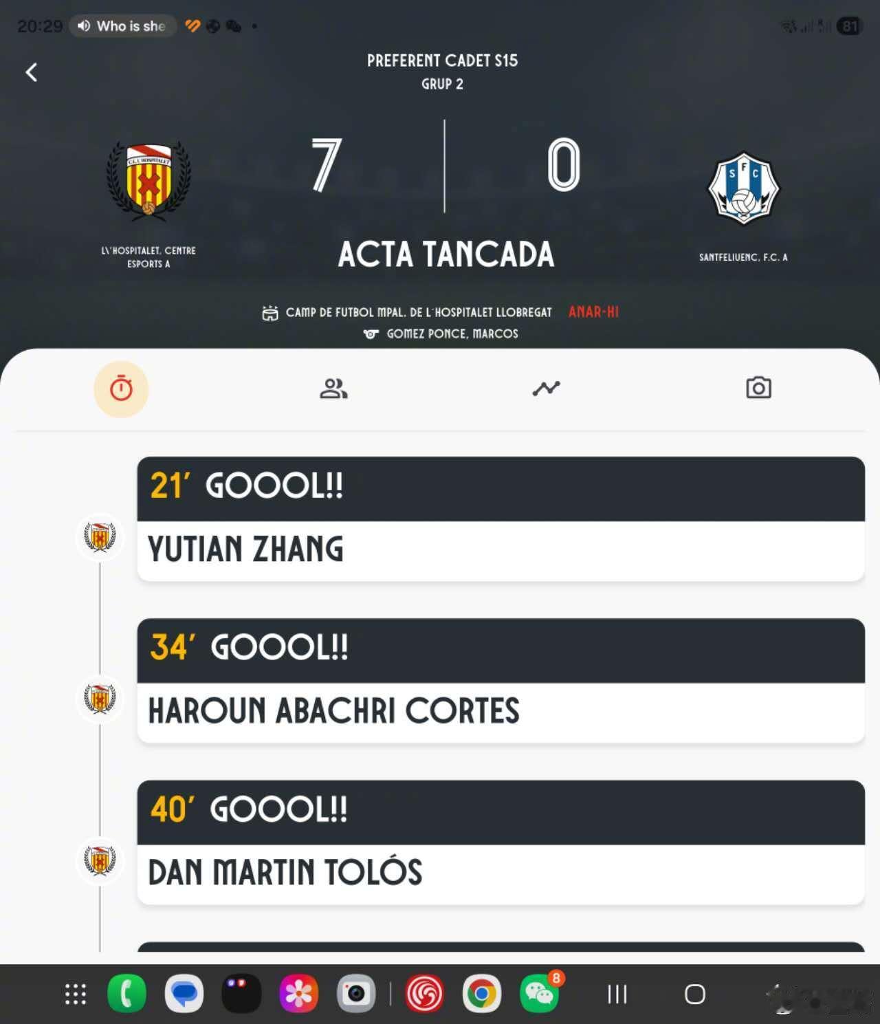 中国足球小将留洋球员张与田本轮联赛为球队首开记录，同时也是个人本赛季首粒进球—