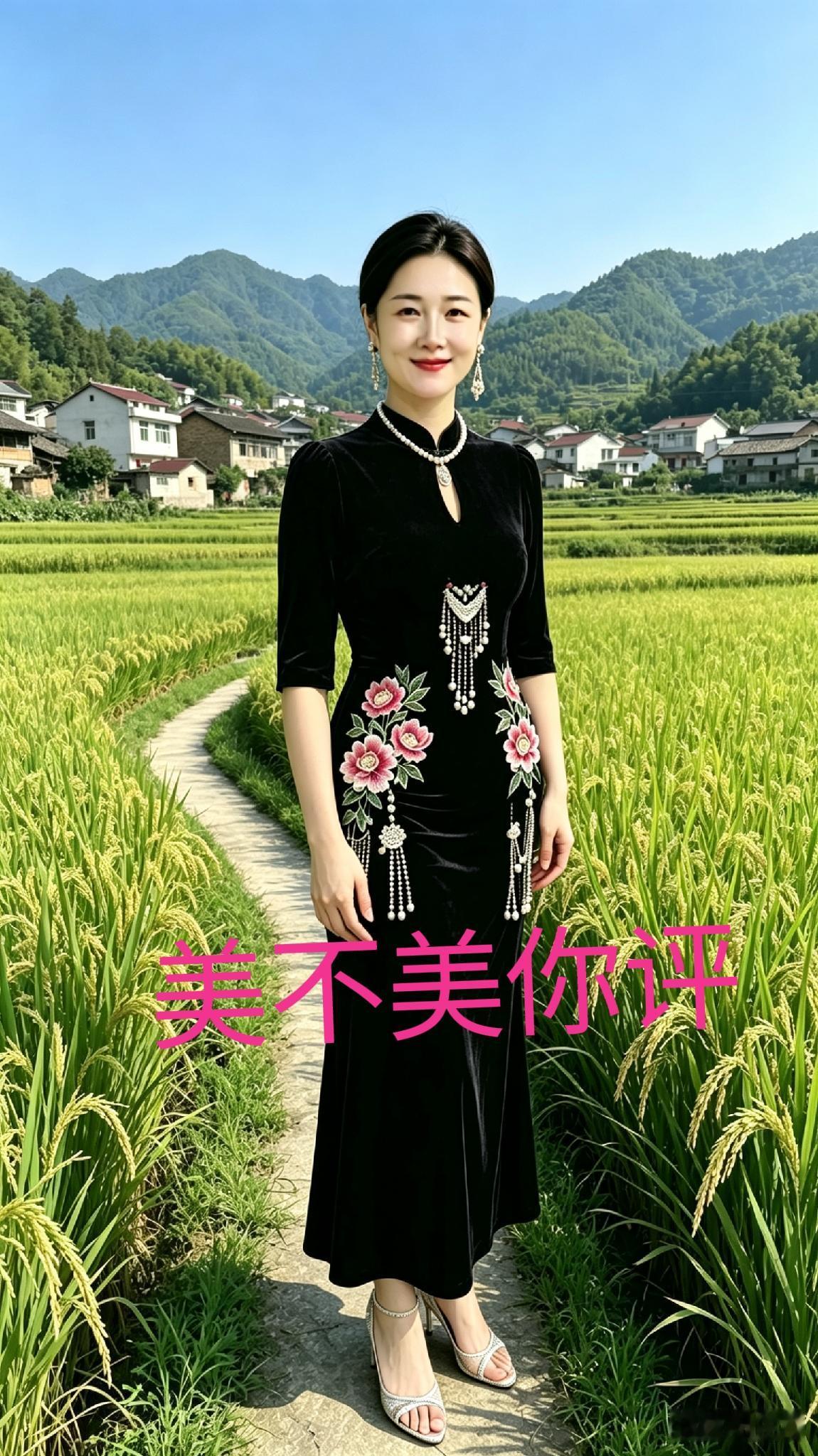 田园佳人夏日田畴稻溢香，佳人徐步沐晨光。青山环绕村庐静，温婉风姿入画囊。