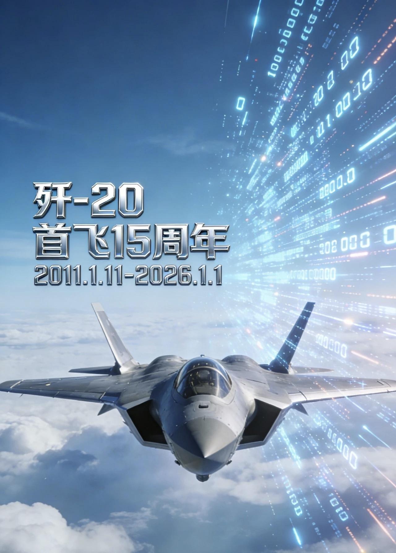 1月12日，2026年1月11日是歼一20隐身五代机首飞15周年，社交网站公布一