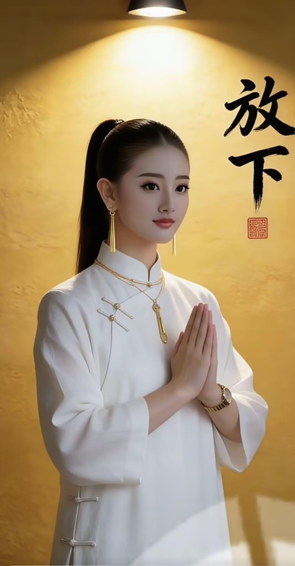 优雅白衣女子，静心祈祷，放下烦恼。