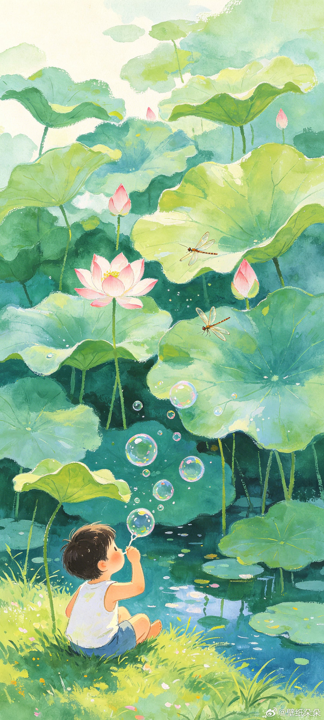 荷塘月色快乐治愈系插画壁纸...