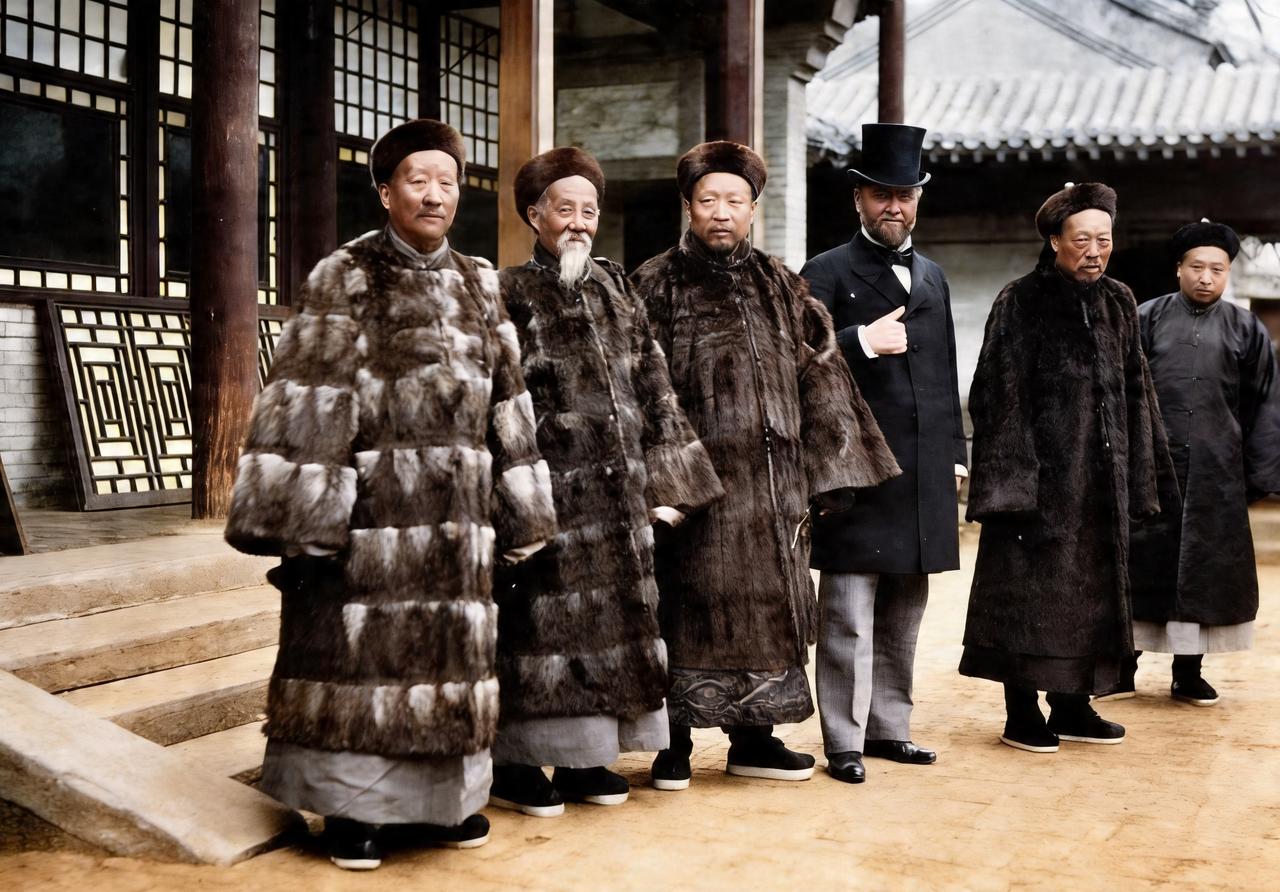 这是晚清美国驻华公使康格与总理衙门的四名官员徐用仪、王文韶、赵舒翘与裕庚。其中，