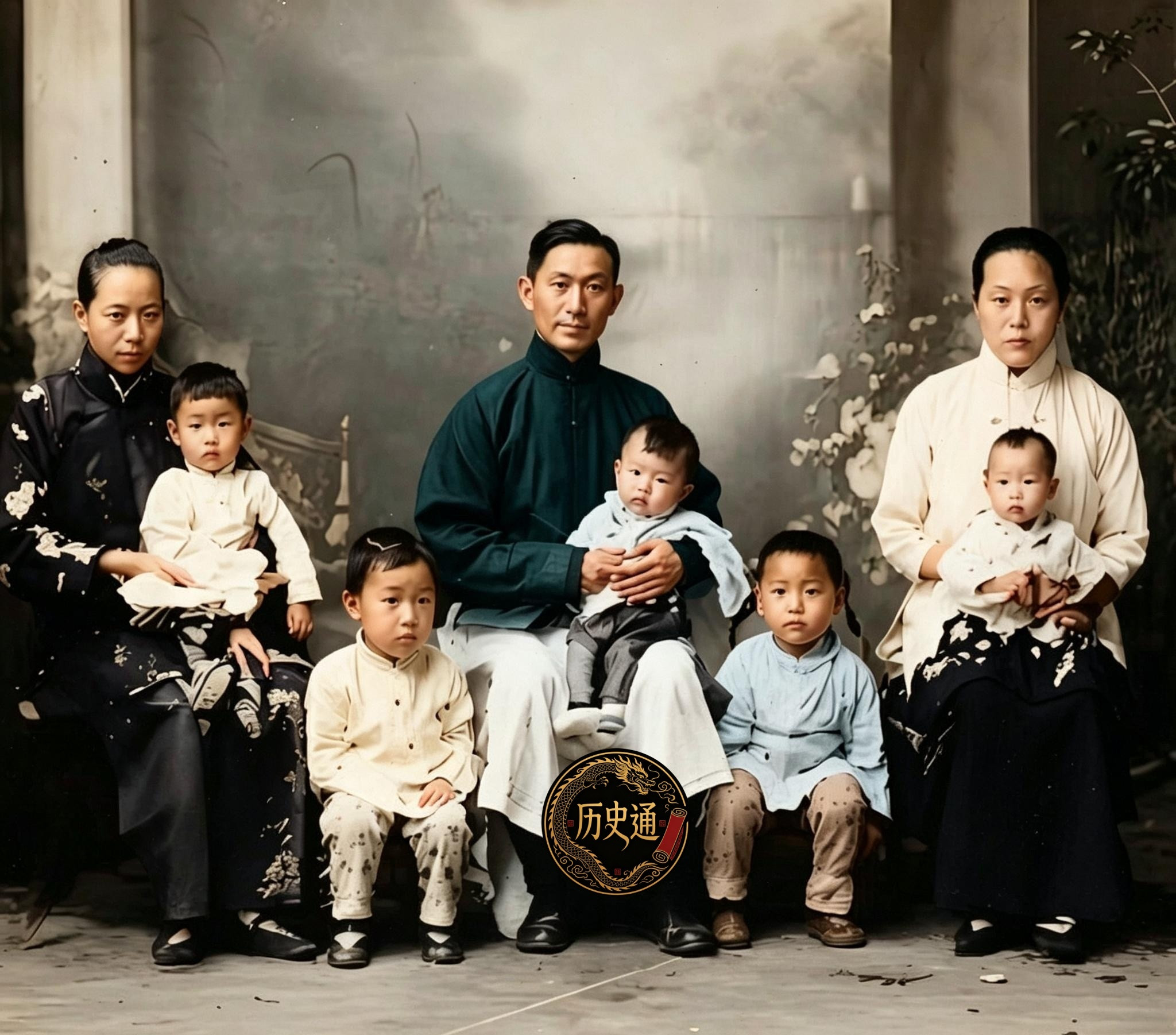 这是民国第一位享有国葬的蔡锷将军与正室刘侠贞、如夫人潘蕙英，还有五个孩子在北京棉花胡同的寓所里。当年