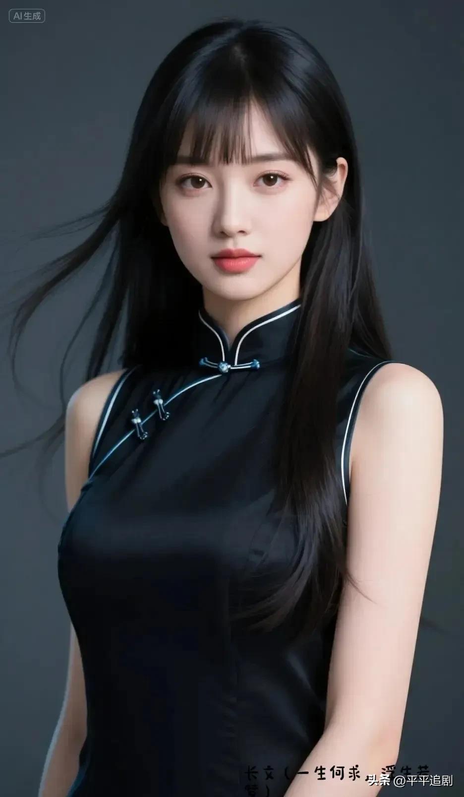 墨色旗袍勾勒出温婉身姿，银线盘扣点缀出东方雅致，长发轻扬，眉眼间藏着清冷与温婉