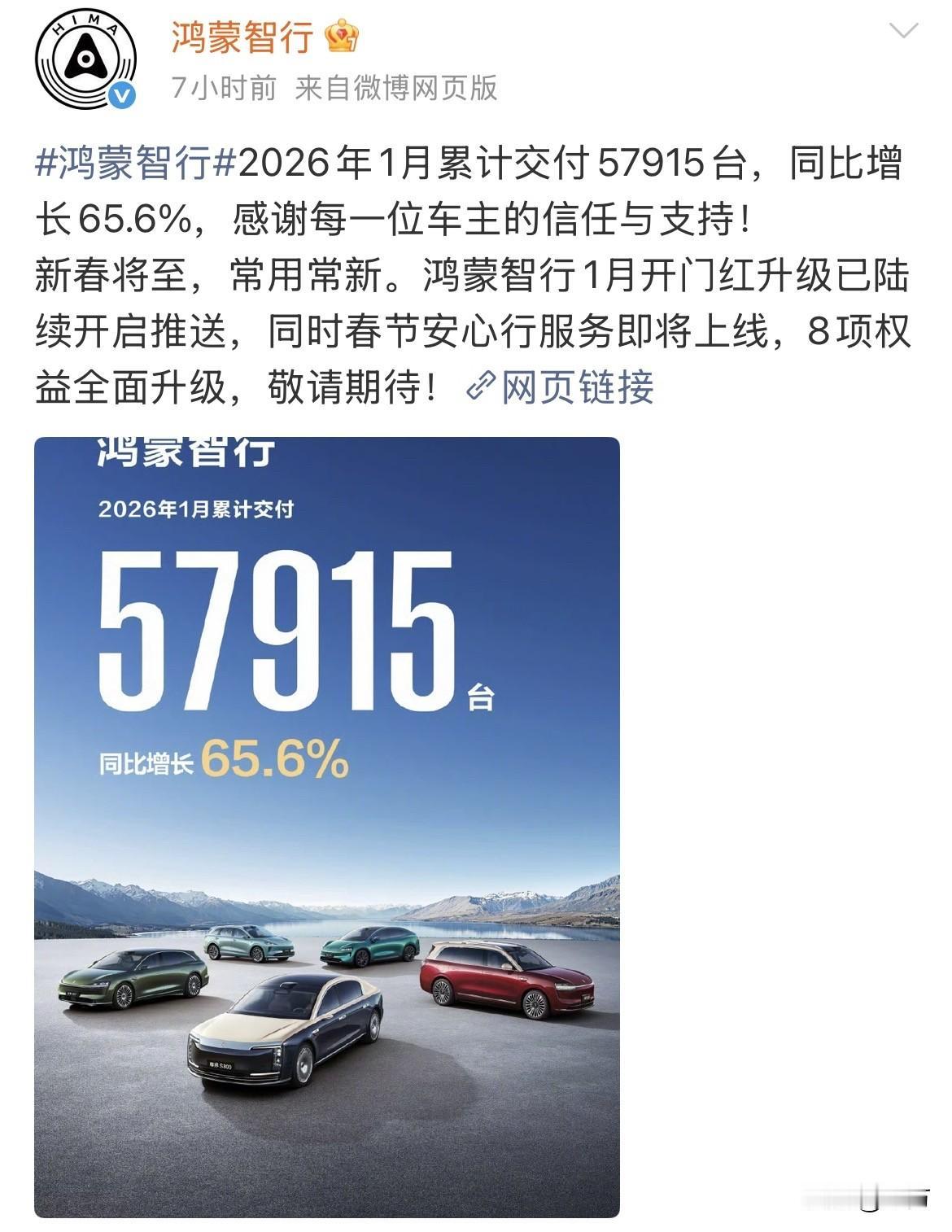 鸿蒙智行:一月份交付差点58,000台！今天是二月份的同一天，大家在发上个