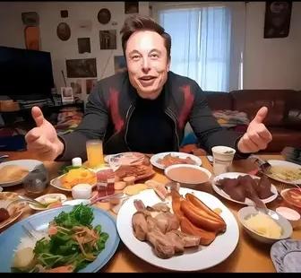 马斯克坐在车上吃食物，马斯克拿着手机拍风景；世界首富更懂得，三餐四季，人间烟火