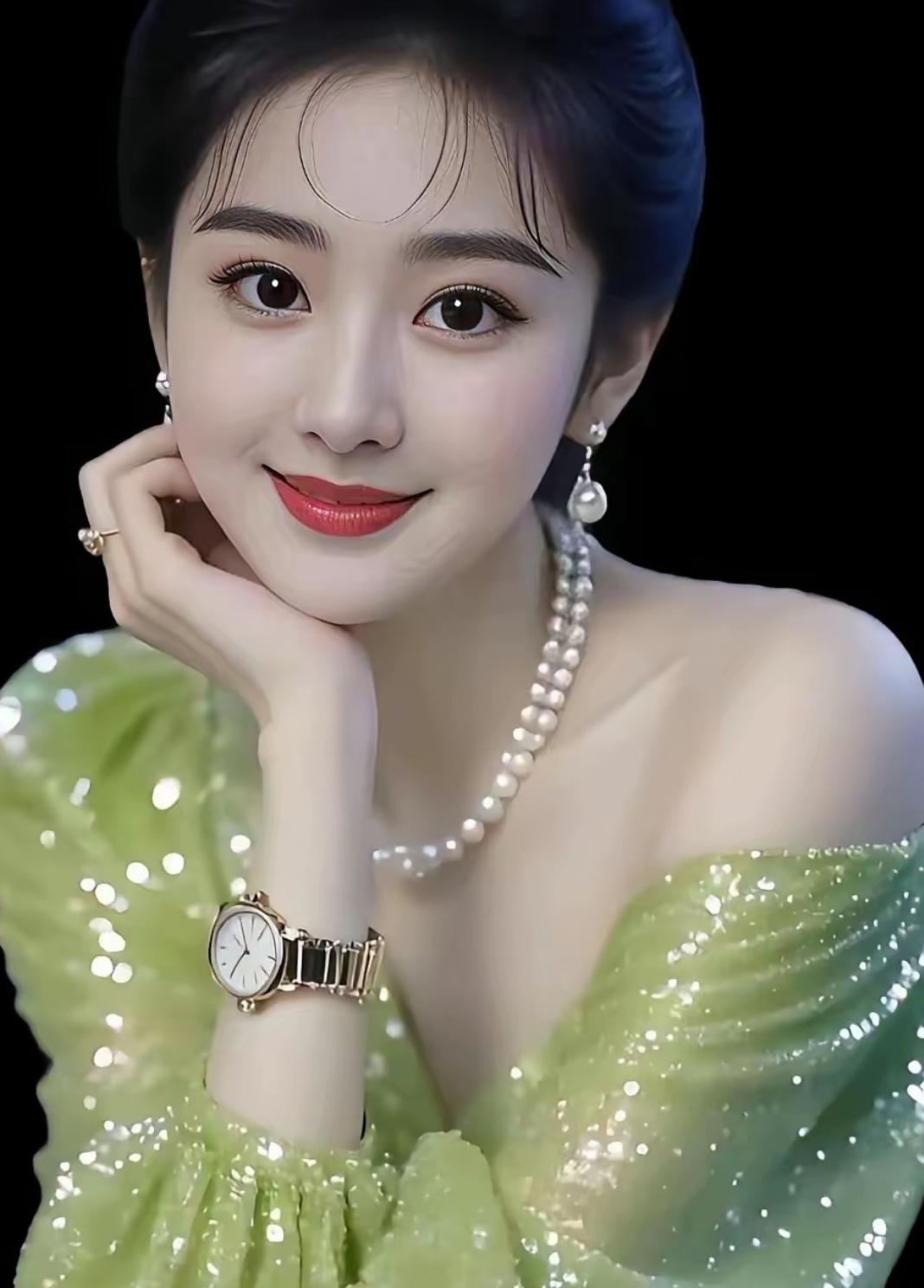 优雅珍珠项链，闪耀绿裙，甜美笑容，完美女神范儿！这样的女神站在典雅的复古花园中，