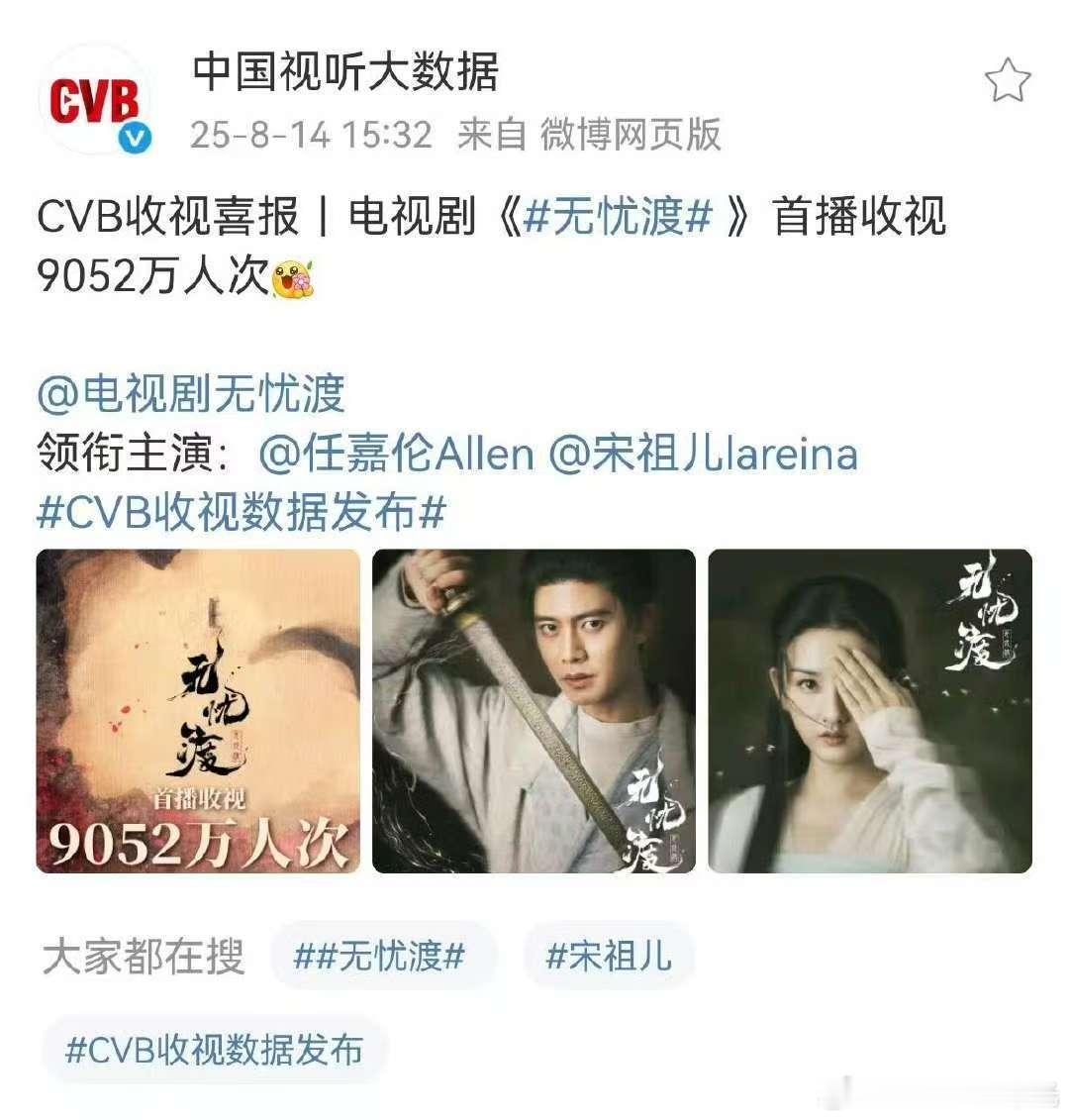 任嘉伦宋祖儿无忧渡上星首播收视观众达到近一亿人次​​​