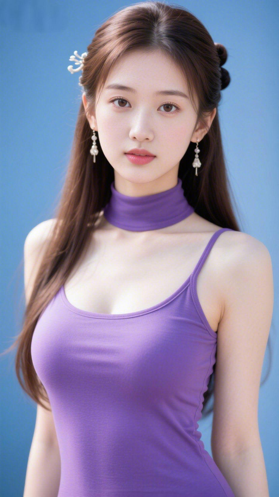 紫韵染清风浅紫的衣装如揉碎的暮云，颈间同色系饰带温婉雅致，发间银饰轻垂，似