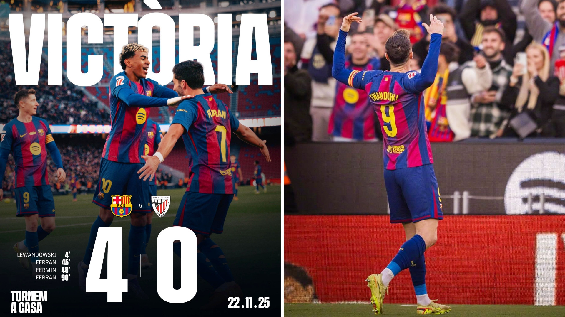 西甲：巴萨回归诺坎普首战4-0大胜毕尔巴鄂竞技，先赛积分追平皇马。费兰完成双响