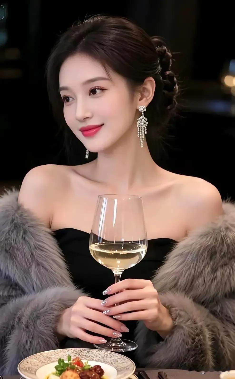黑裙皮草裹着华贵气质，钻饰耳坠在晚宴柔光里漾着细碎光泽，持杯浅笑间，是属于夜宴的